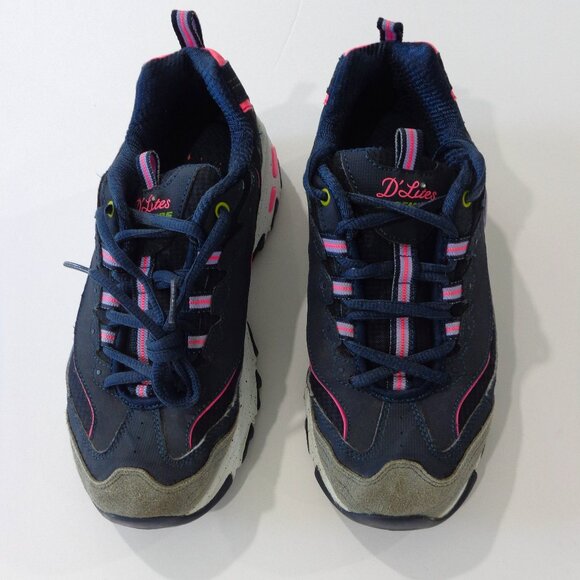 Skechers D'Lites Womens Leather Sneakers Navy Blue Pink Chunky Bold Views Size 8 - Picture 3 of 8